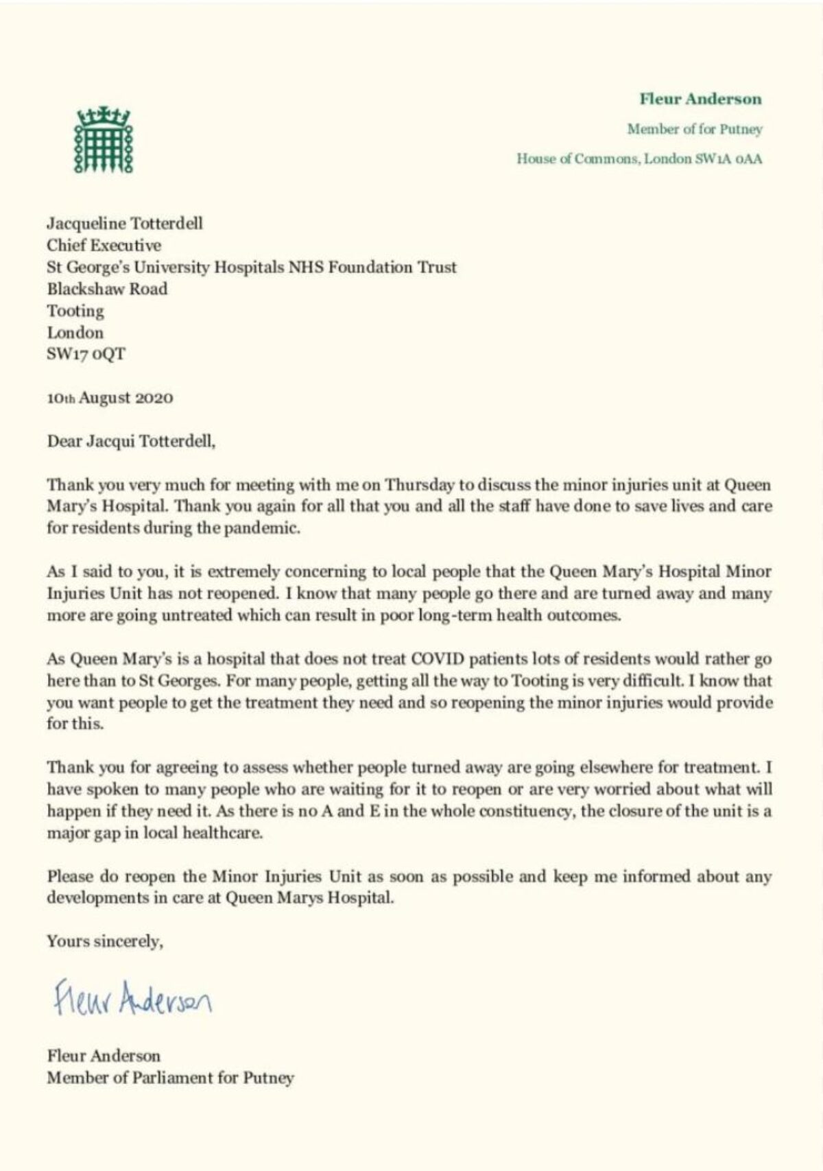 Letter to Jacqueline Totterdell from Fleur Anderson MP asking for minor injuries unit to reopen.