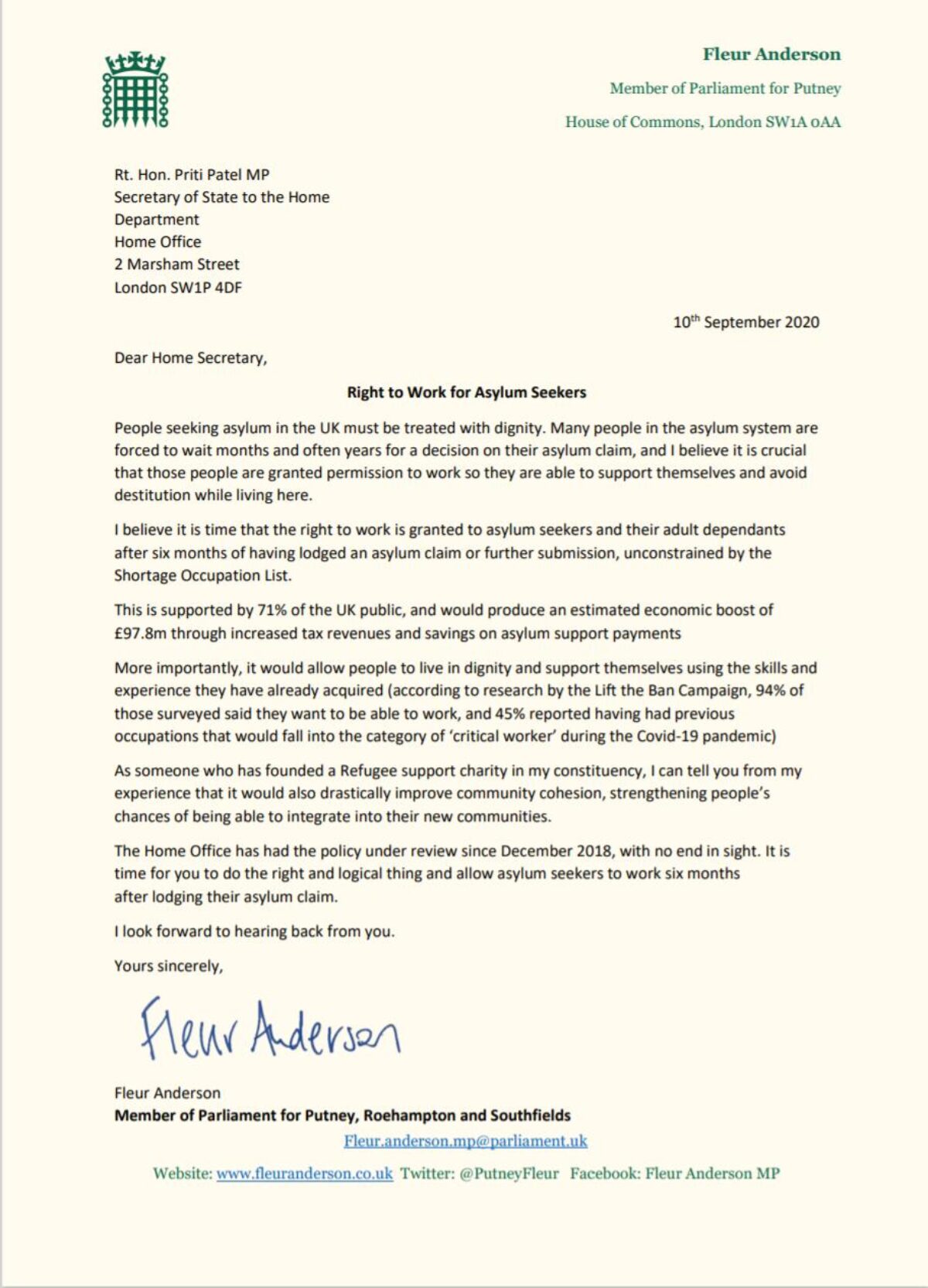 Letter: Give Asylum Seekers the Right to Work - Fleur Anderson MP