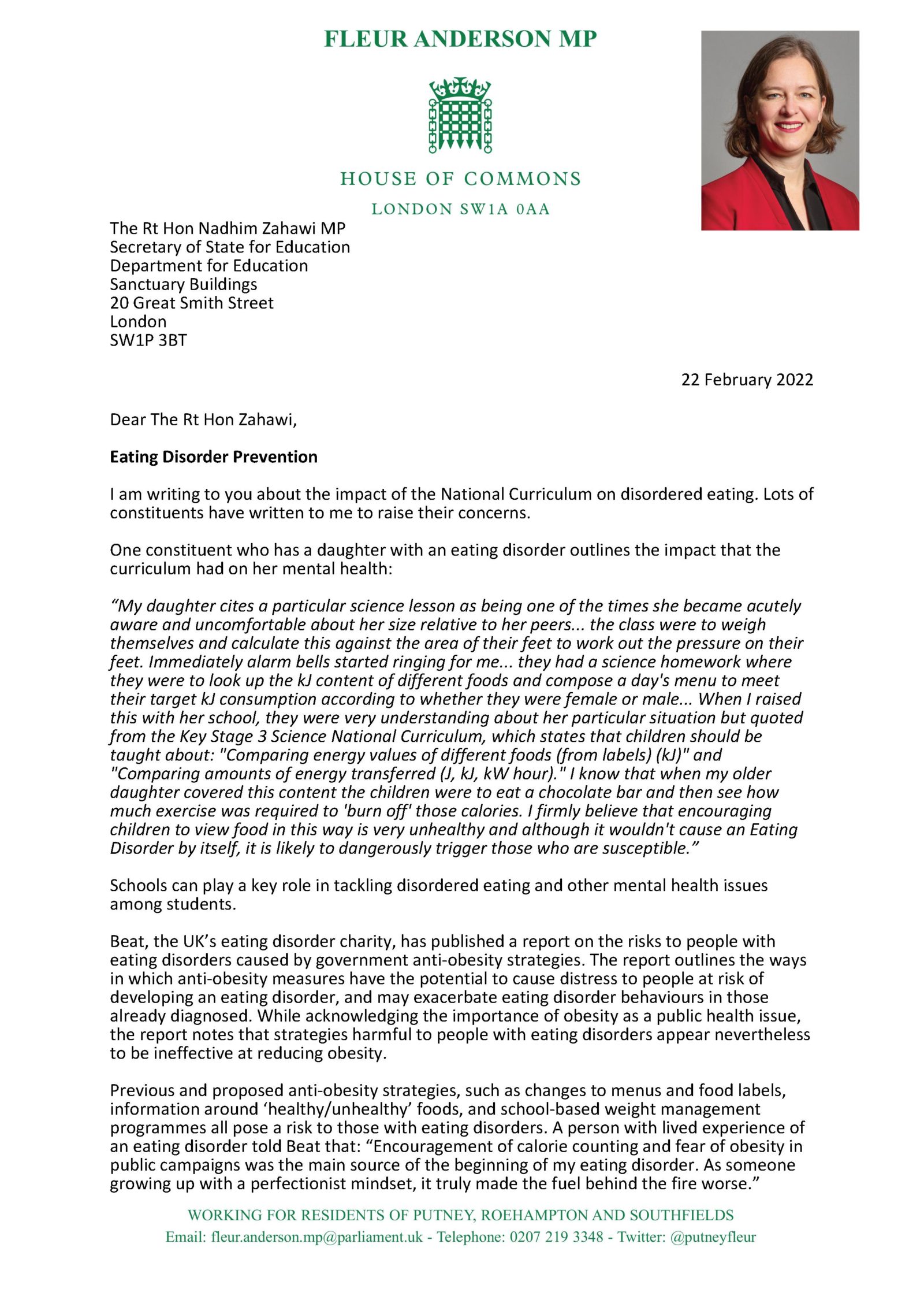 Letter to Secretary of State for Education - Eating Disorder Prevention - Page 1