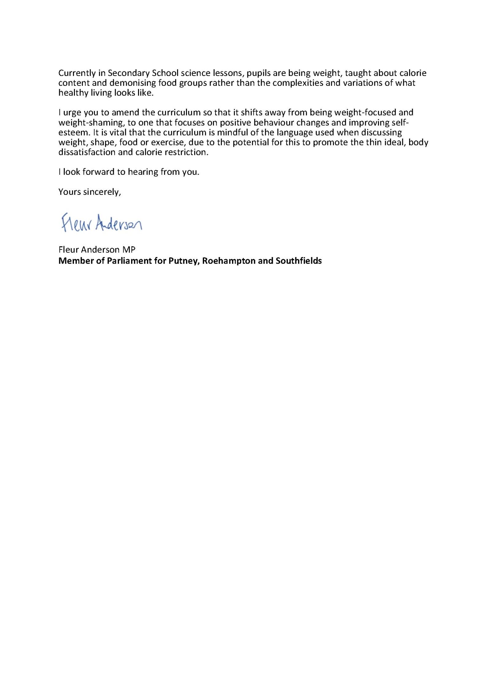 Letter to Secretary of State for Education - Eating Disorder Prevention - Page 2