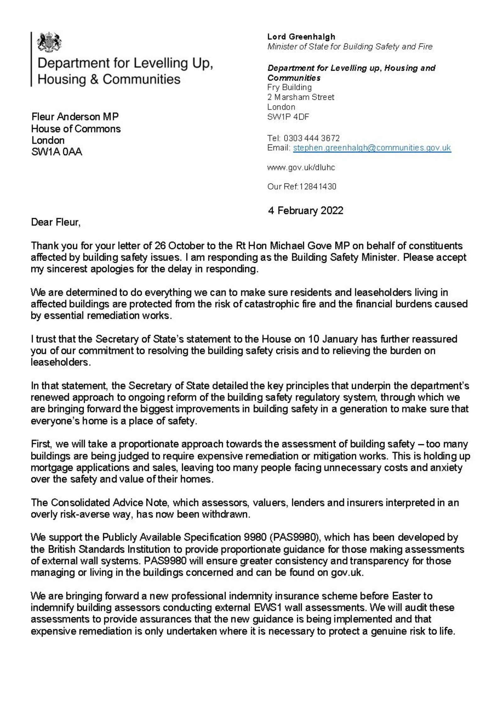 Response from Lord Greenhalgh on Building Safety Issues - Page 1