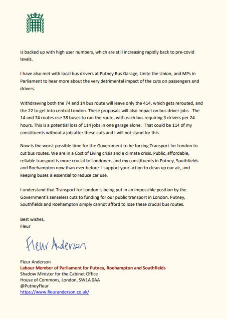 Letter from Fleur Anderson MP to Mayor of London, Sadiq Khan. 