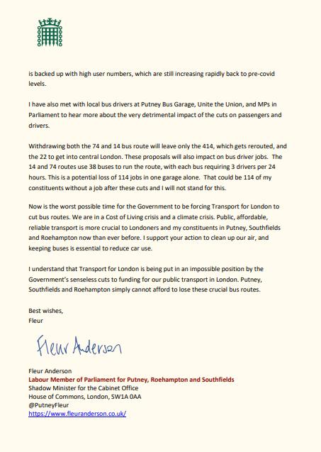 Letter from Fleur Anderson MP to Mayor of London, Sadiq Khan.