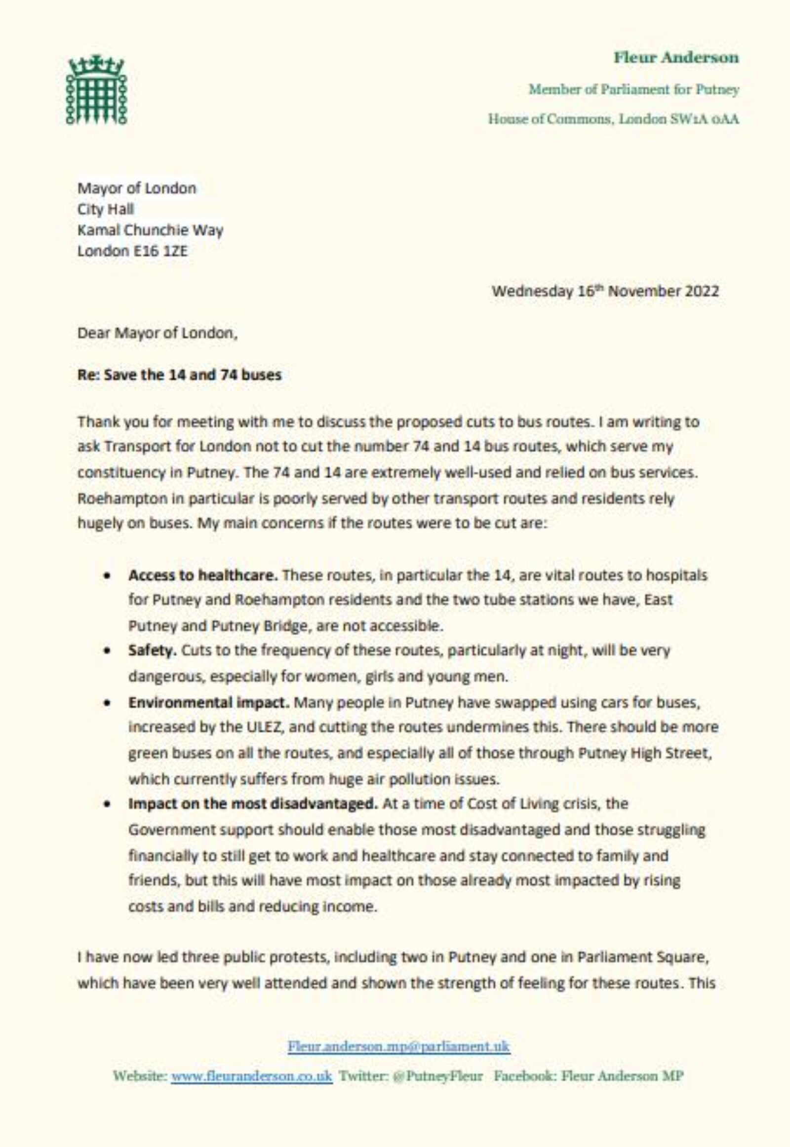 Letter from Fleur Anderson MP to Mayor of London, Sadiq Khan. 