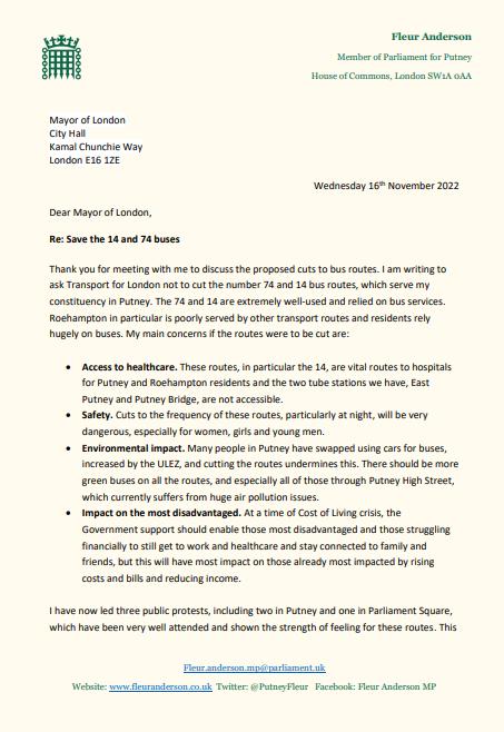 Letter from Fleur Anderson MP to Mayor of London, Sadiq Khan. 