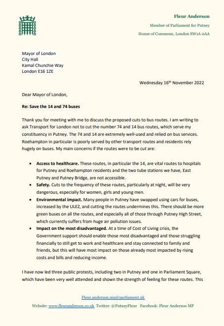 Letter from Fleur Anderson MP to Mayor of London, Sadiq Khan.