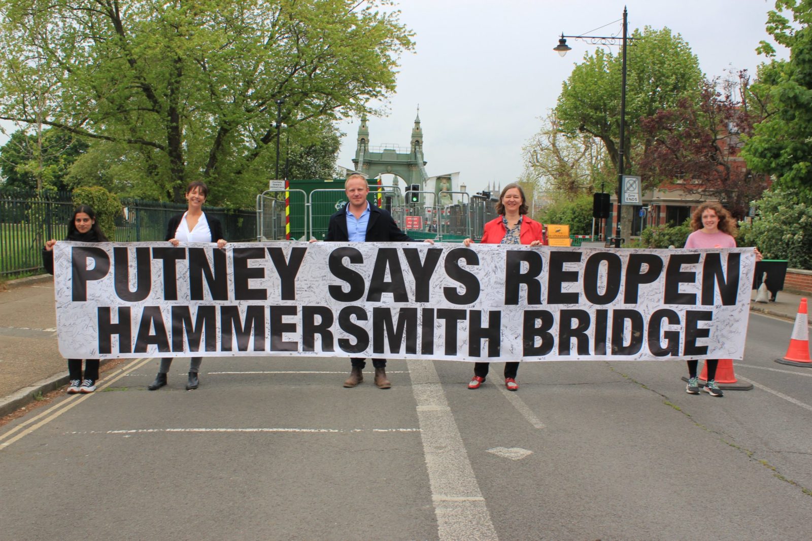 Fleur at Hammersmith Bridge with Elly Baker and Sam Tarry MP