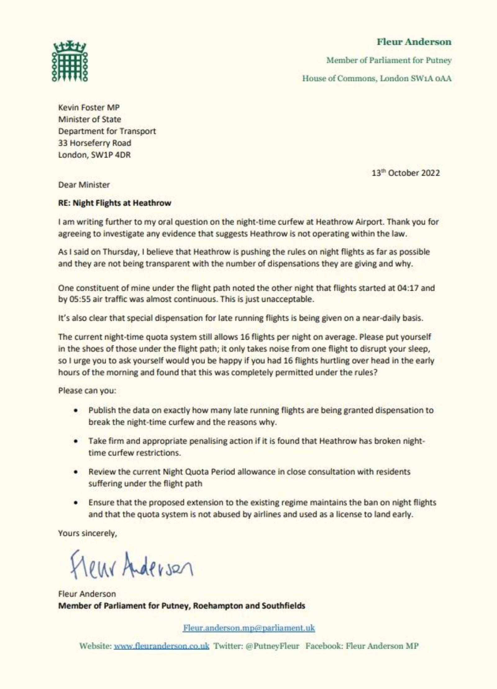 Letter to Minister: Night Flights at Heathrow