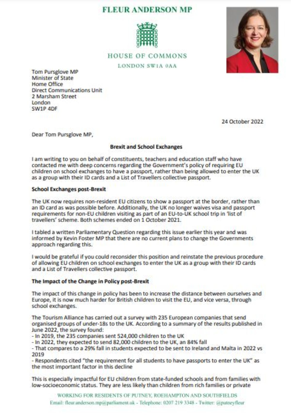 A letter from Fleur Anderson MP to Tom Pursglove MP regarding school exchanges post-Brexit. 