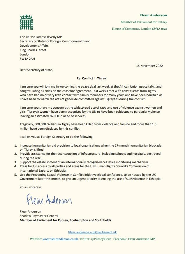 Letter from Fleur Anderson MP to Foreign Secretary James Cleverley MP regarding conflict in Tigray. 