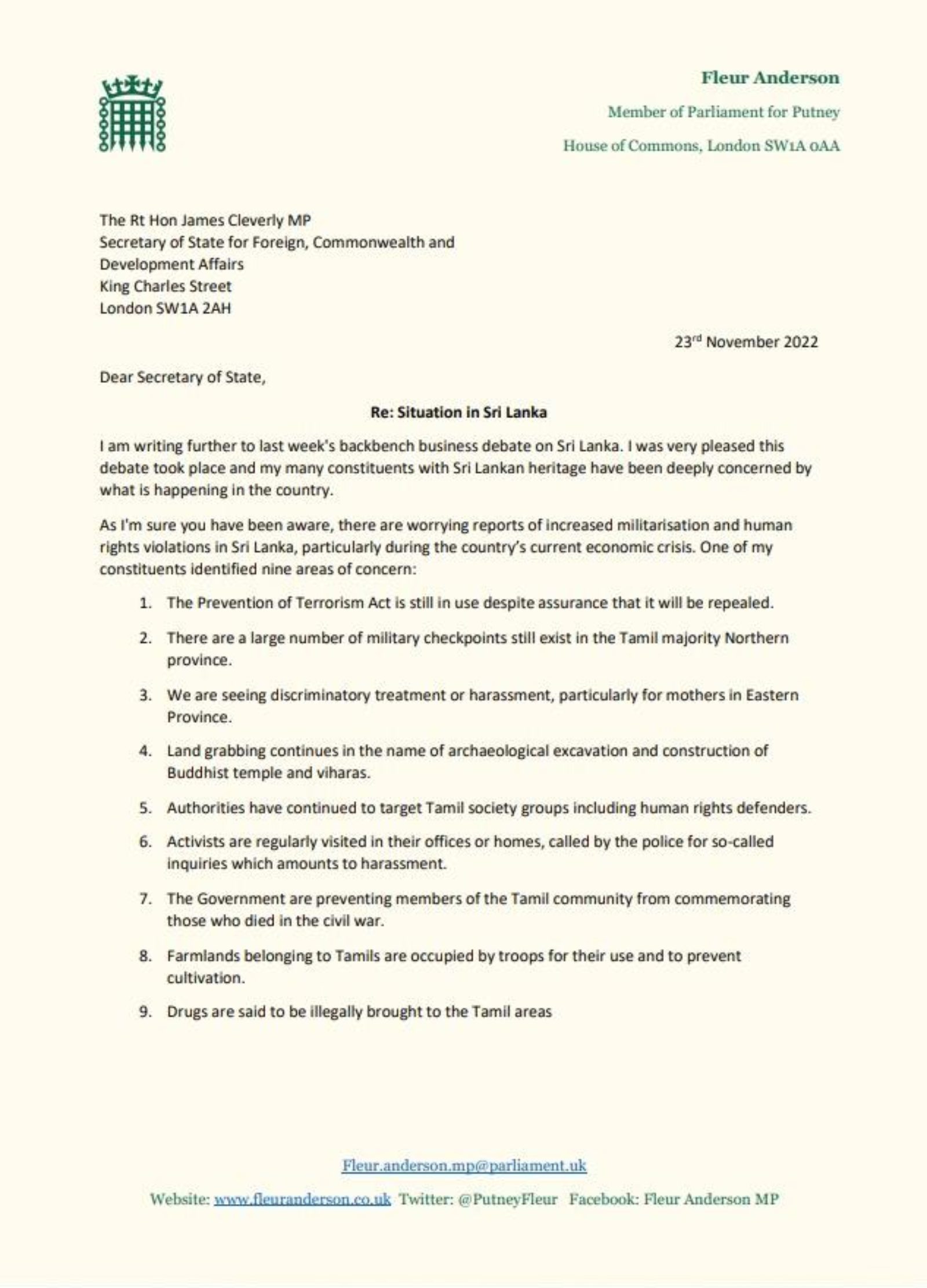 Letter from Fleur Anderson MP regarding situation in Sri Lanka p.1