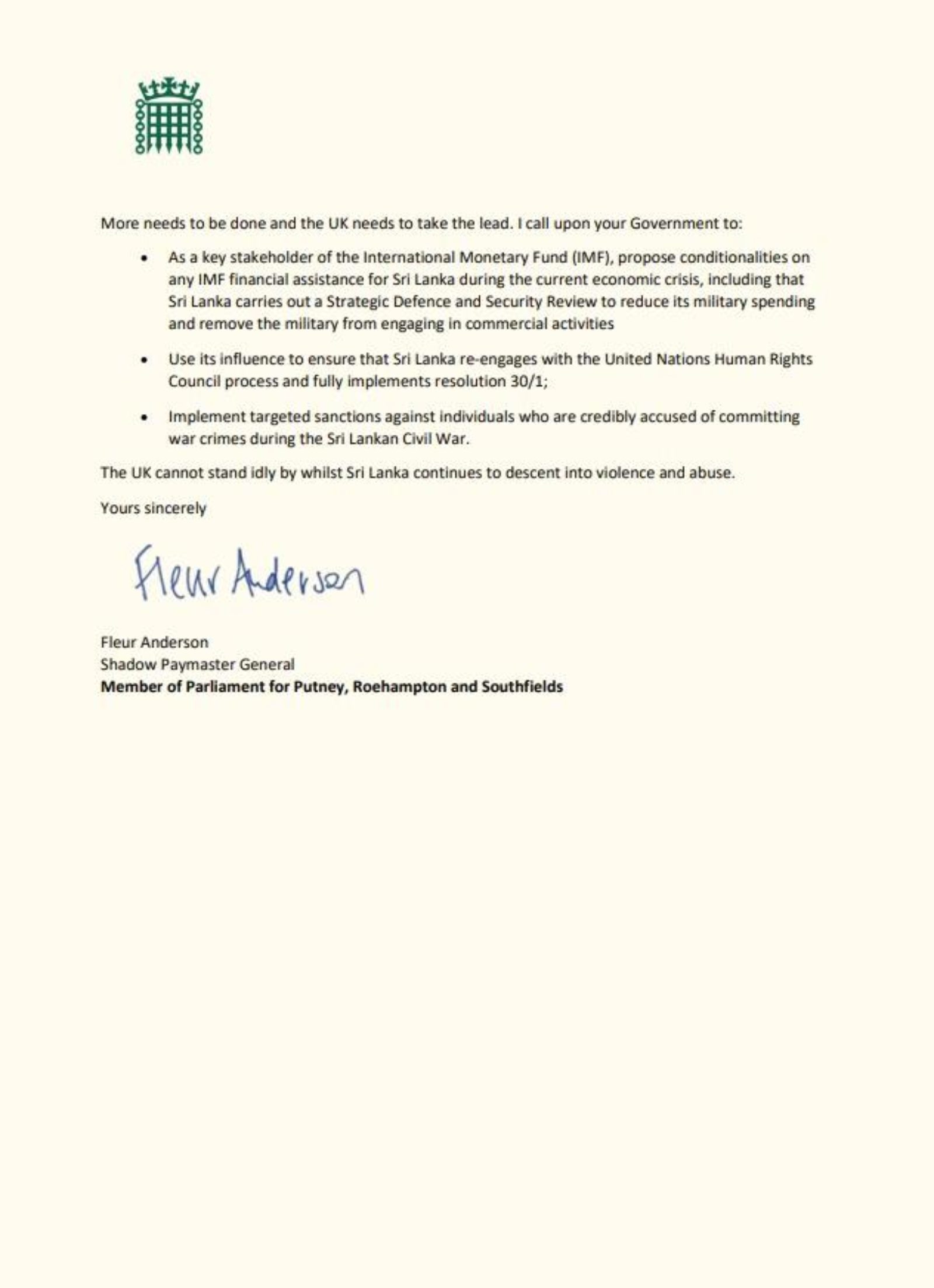 Letter from Fleur Anderson MP regarding situation in Sri Lanka p.2