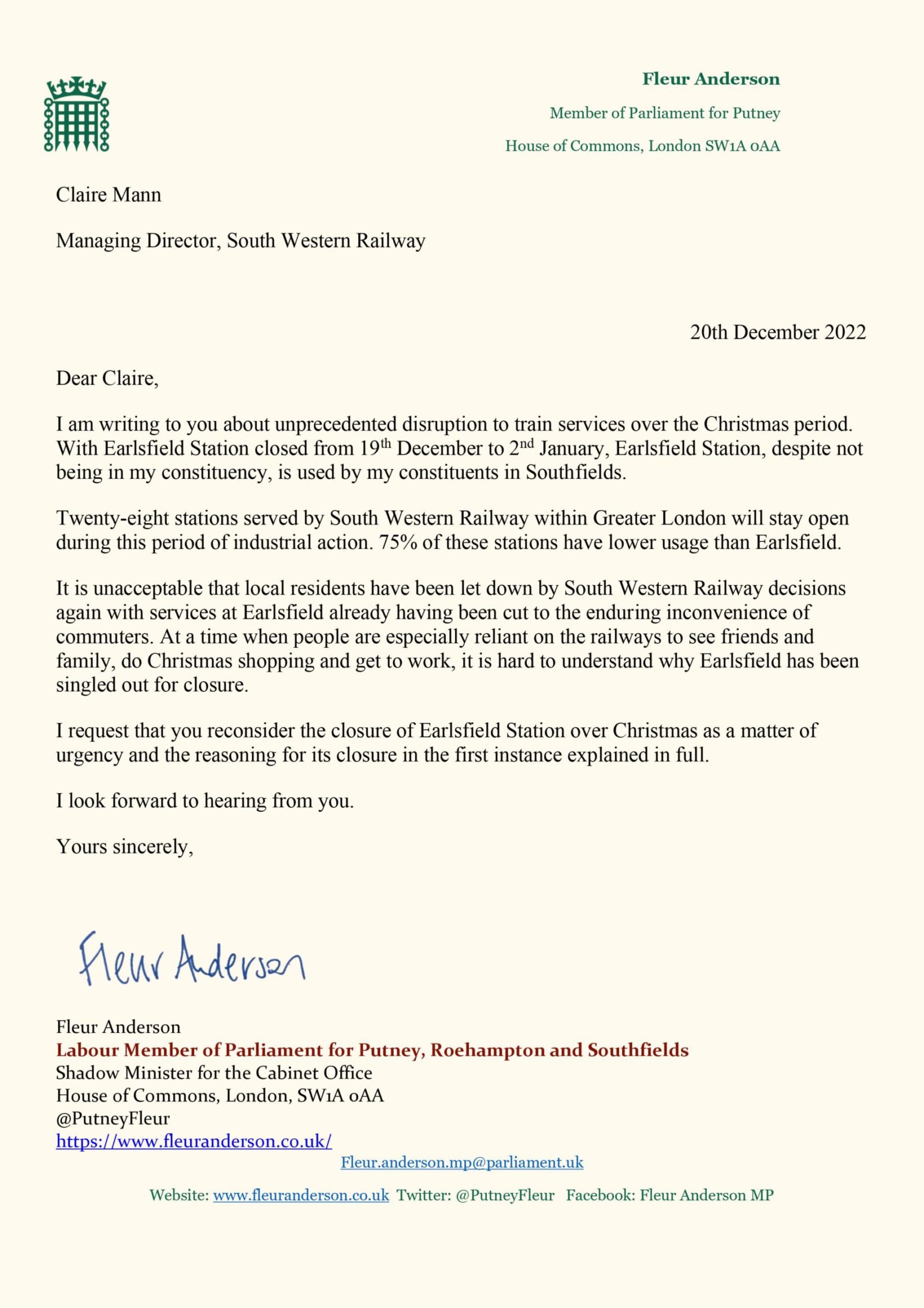 Letter to South Western Railway