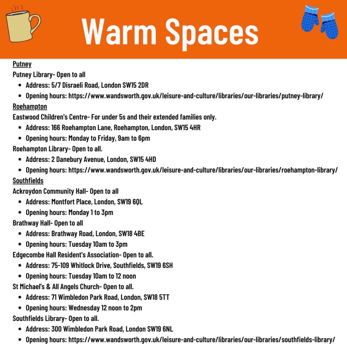 List of Warm Spaces in Putney, Roehampton and Southfields