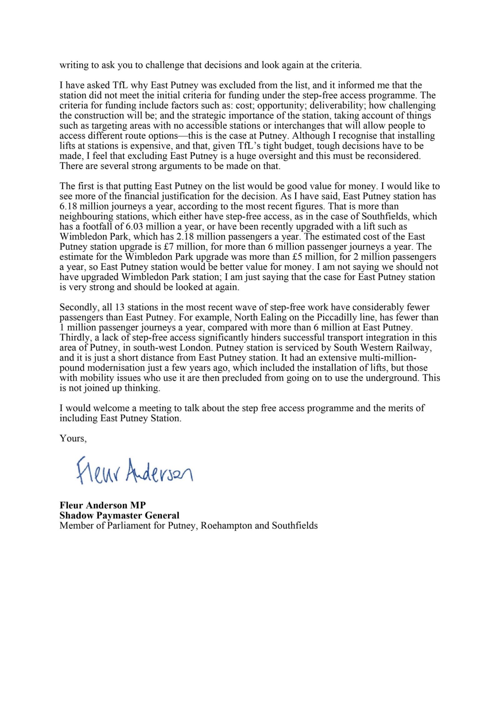 Letter to Deputy Mayor for Transport