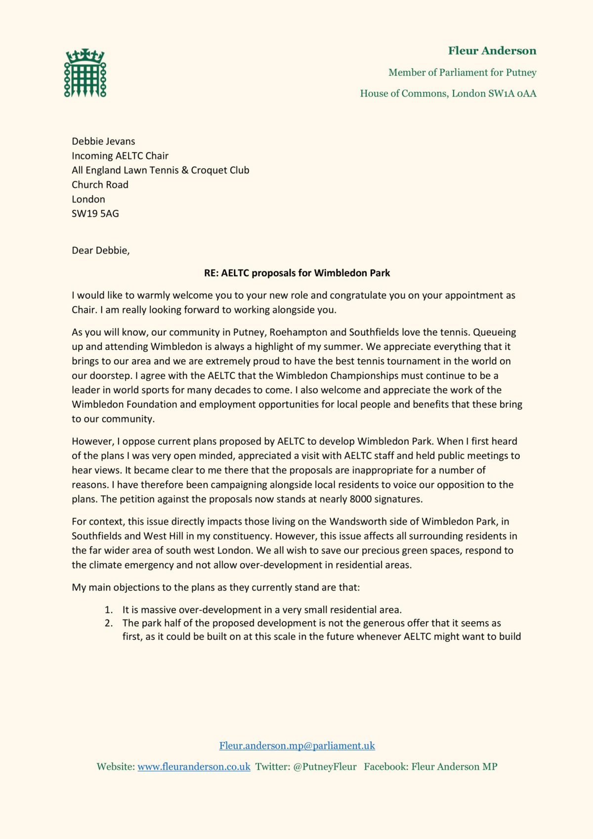 Letter to Incoming Chair of AELTC Debbie Jevans regarding AELTC proposals for Wimbledon Park. 
