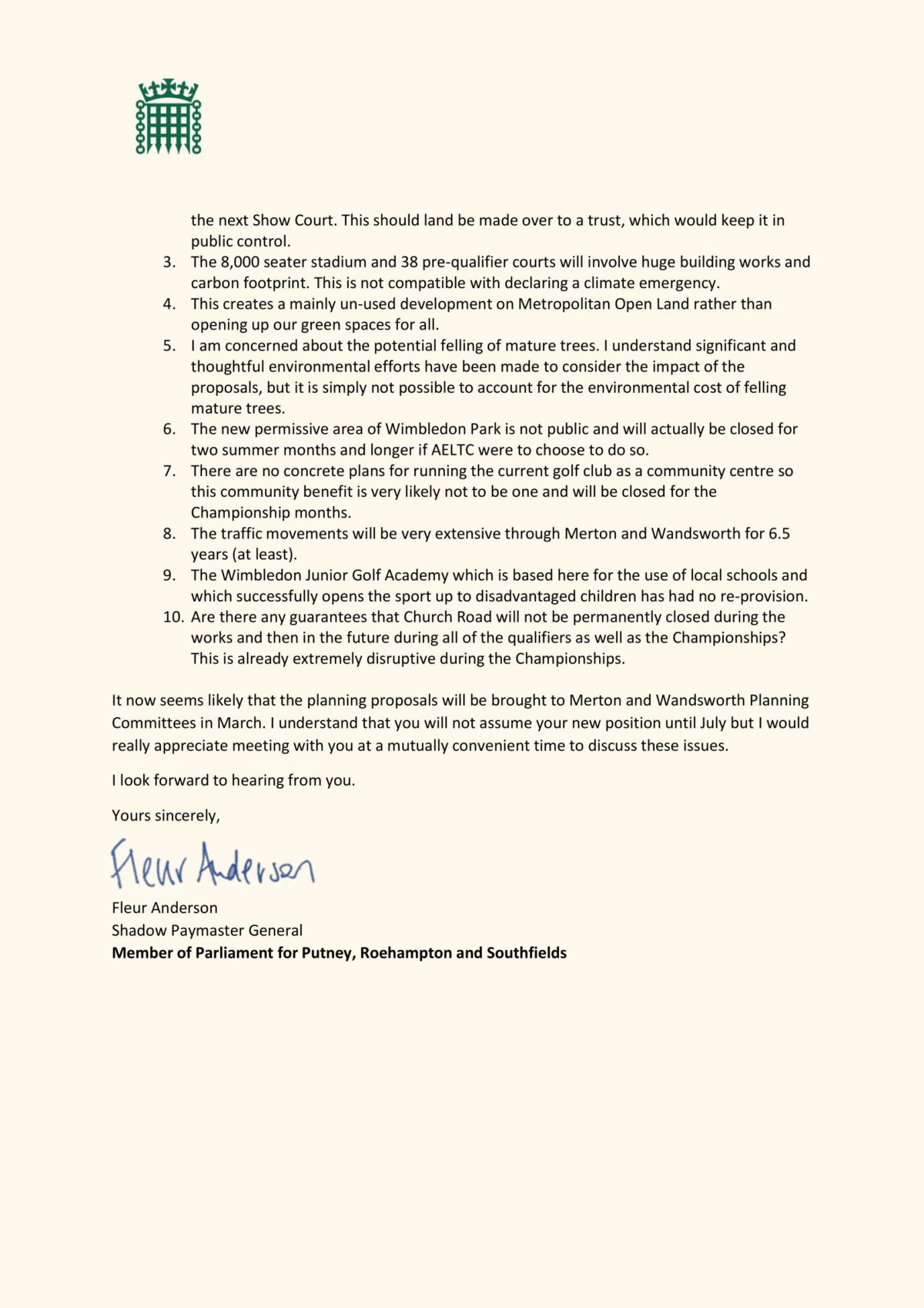 Letter to Incoming Chair of AELTC Debbie Jevans regarding AELTC proposals for Wimbledon Park. 