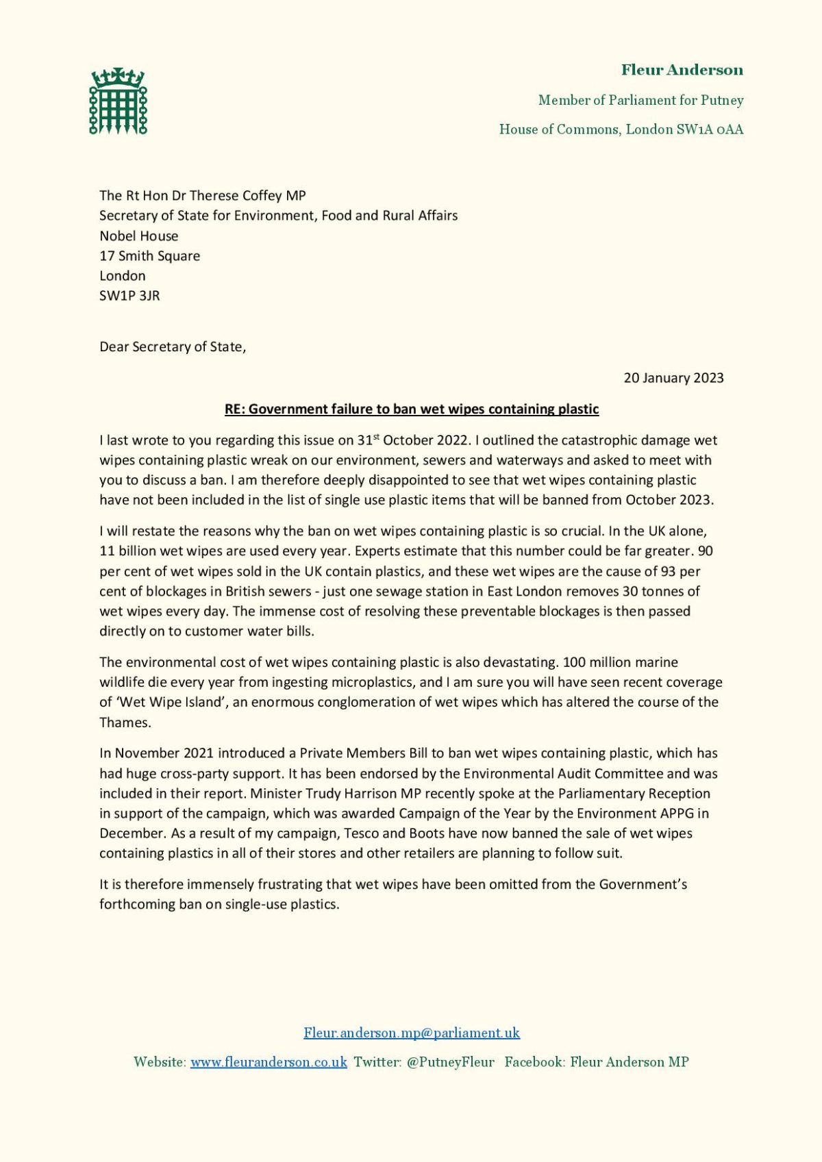 Letter to Therese Coffey MP regarding banning plastic in wet wipes. 