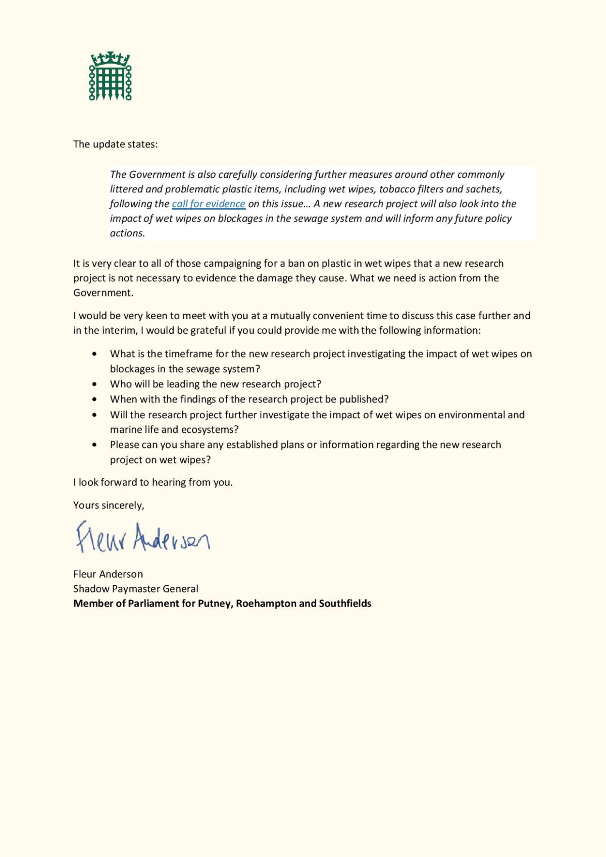 Letter to Therese Coffey MP regarding banning plastic in wet wipes. 