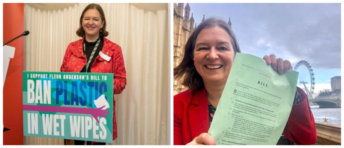 Fleur Anderson MP with her Bill to ban wet wipes containing plastic. 