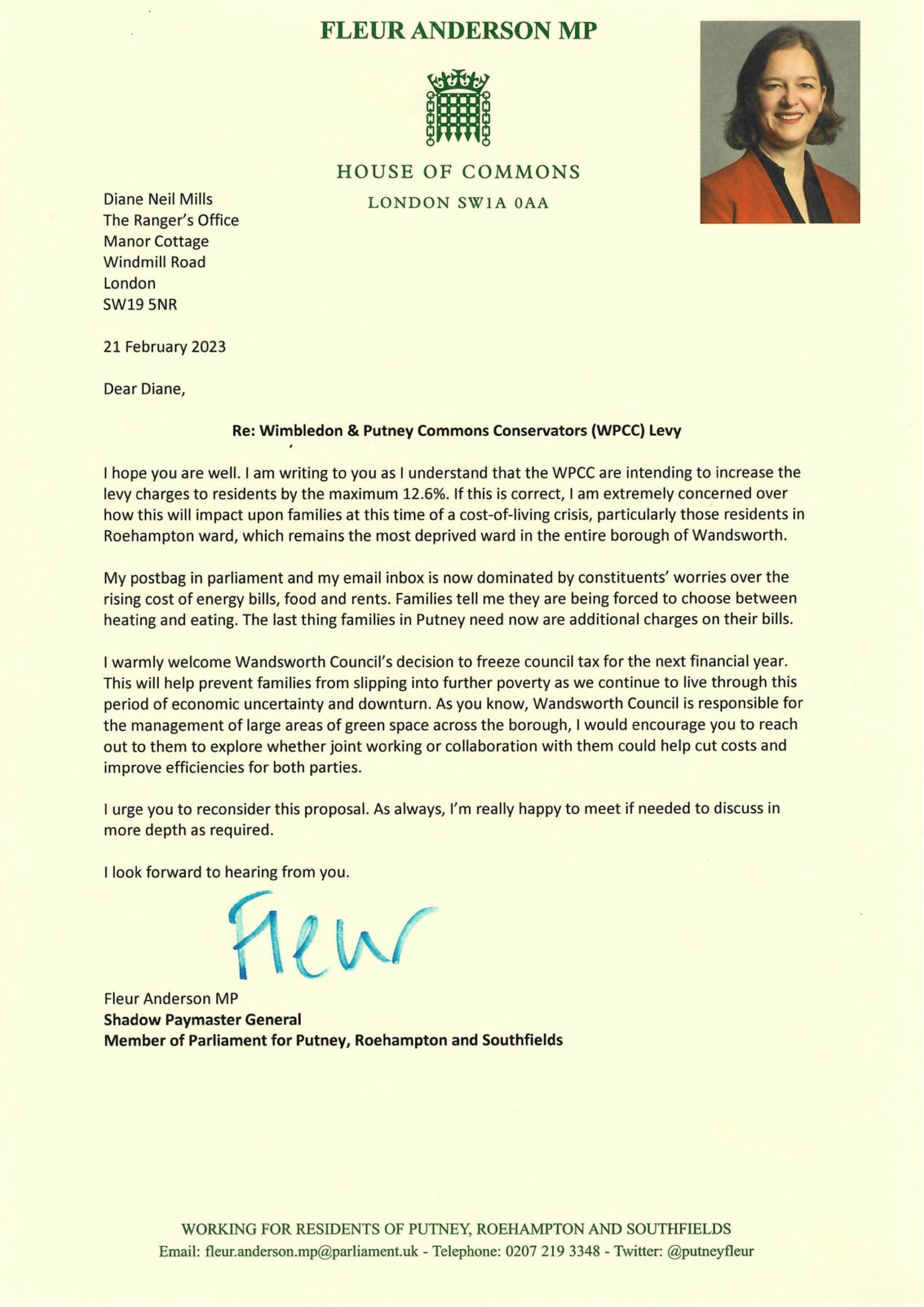 Letter regarding Wimbledon and Putney Commons Conservators Levy