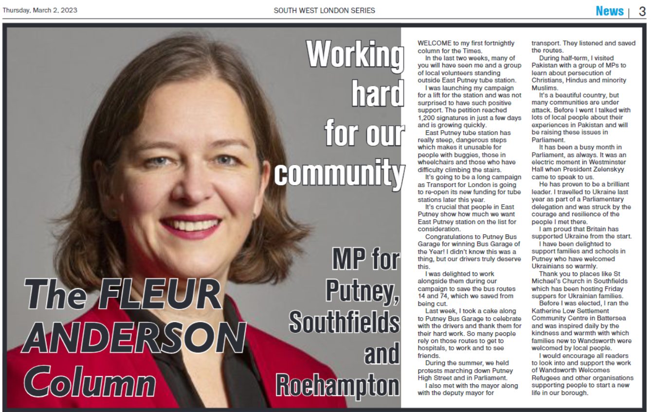 Fleur Anderson MP: Column for Wandsworth Times 