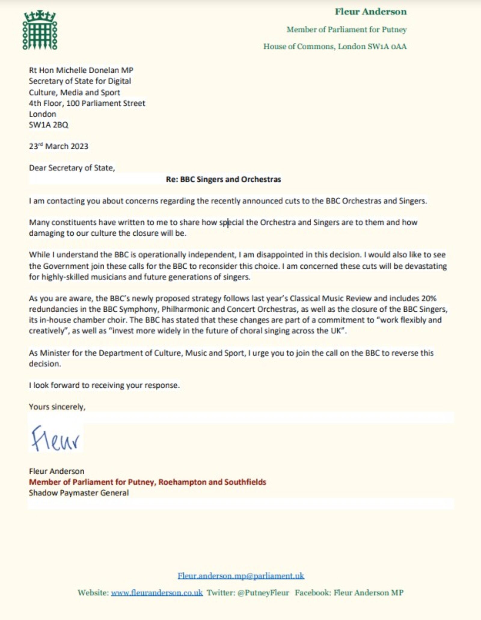 Letter to Minister on BBC Singers and Orchestras