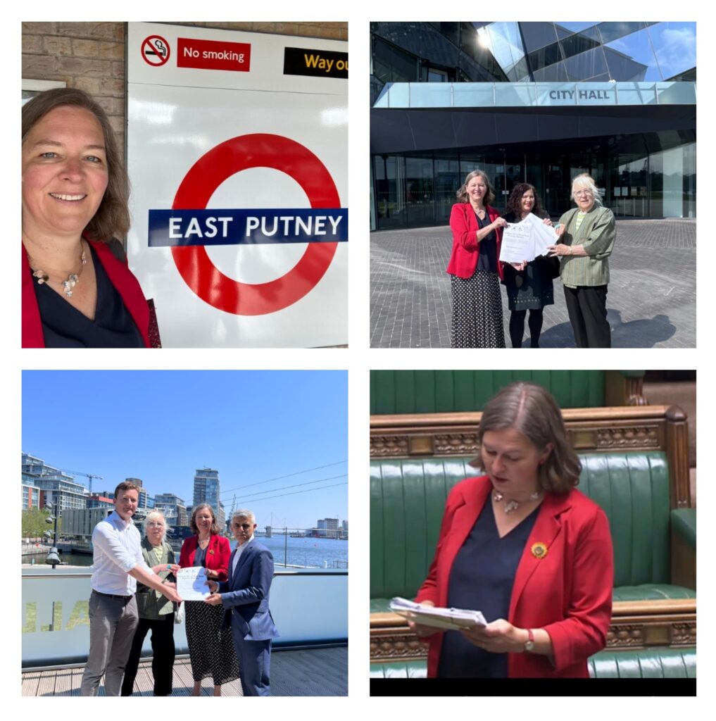 A collage photos taken through out Fleur Anderson MP's campaign for a lift at East Putney Station