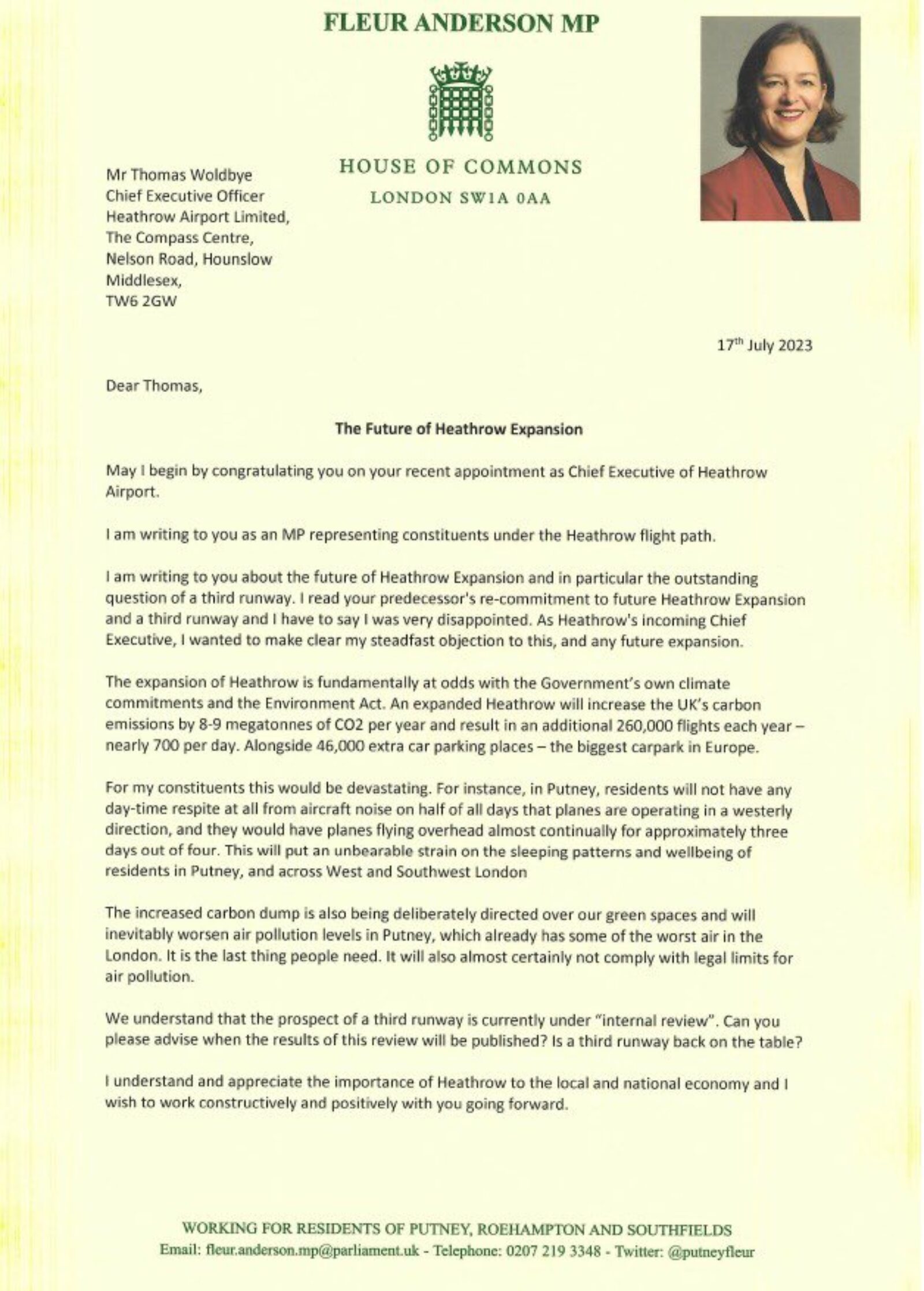 Letter from Fleur Anderson MP to the incoming CEO of Heathrow, against any expansion of the airport.