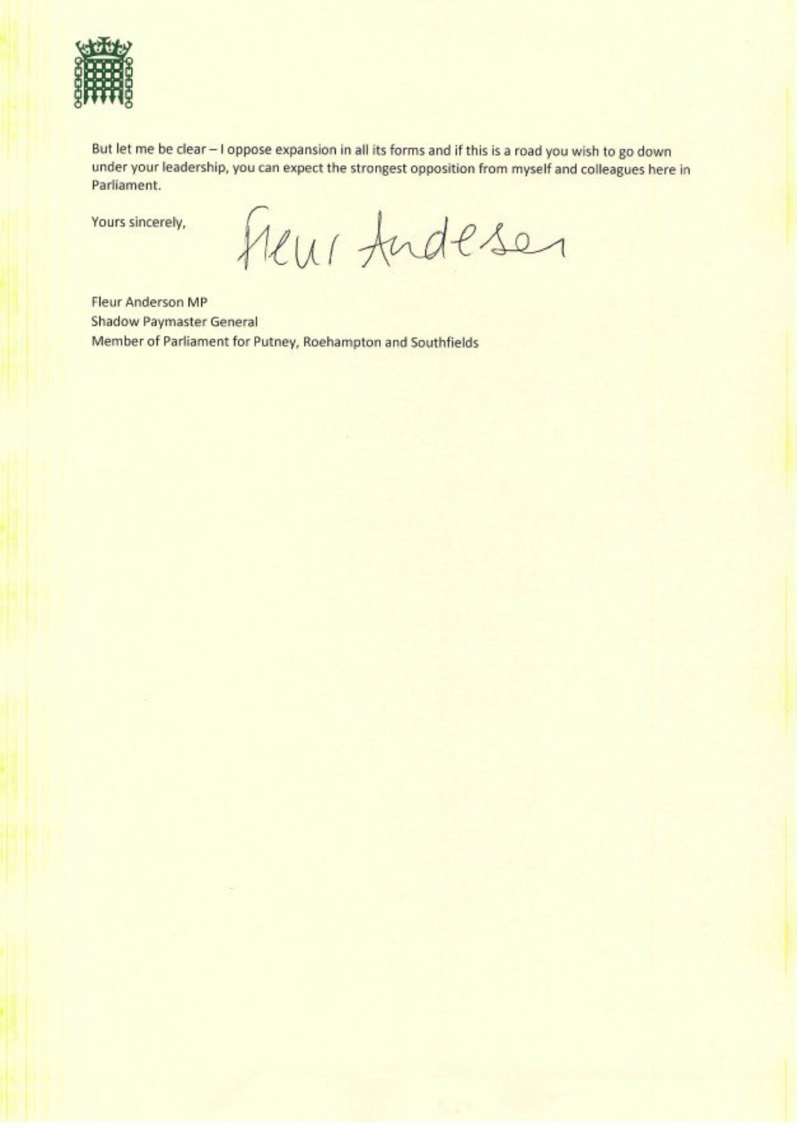 Letter from Fleur Anderson MP to the incoming CEO of Heathrow, against any expansion of the airport. 