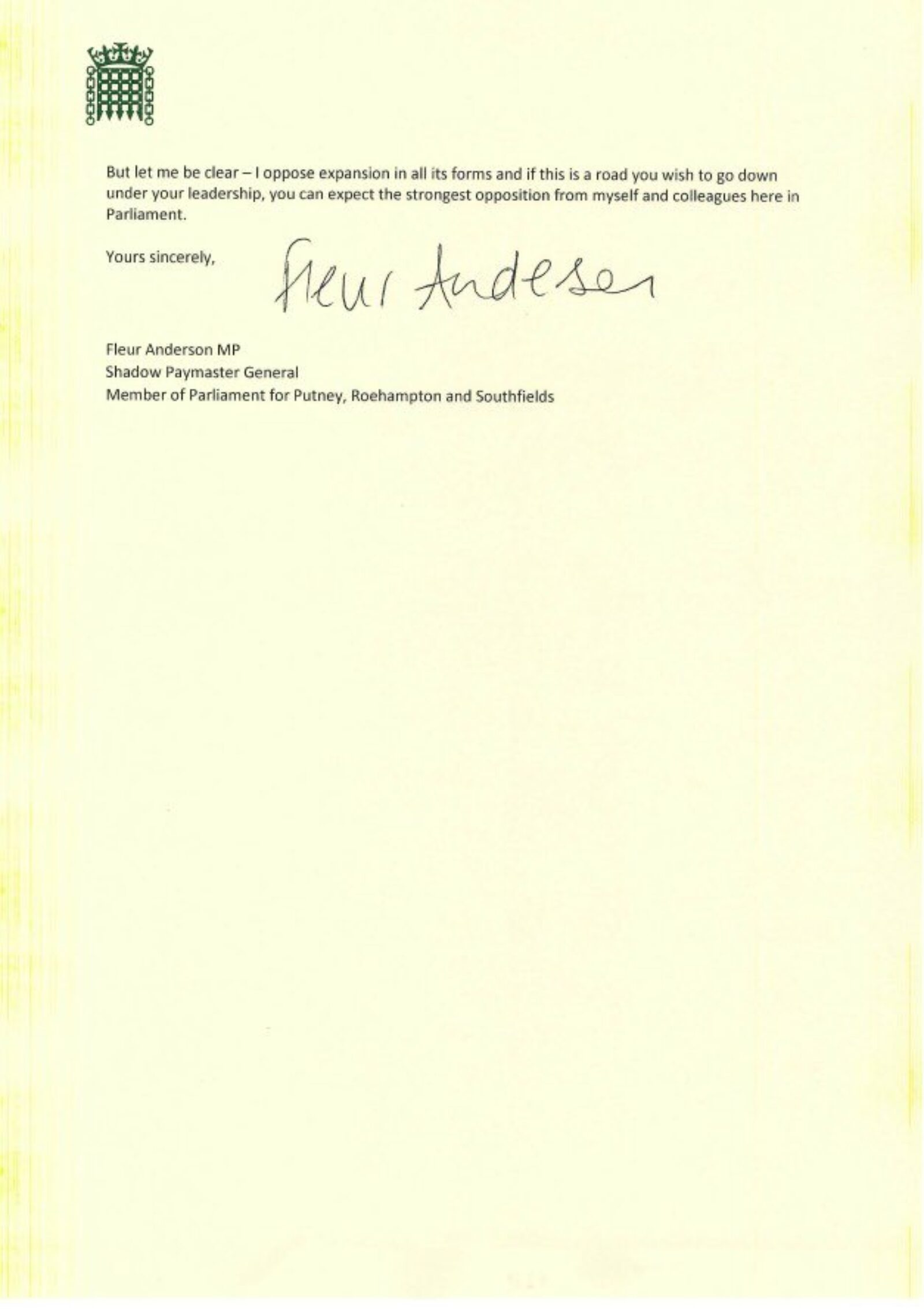 Letter from Fleur Anderson MP to the incoming CEO of Heathrow, against any expansion of the airport.