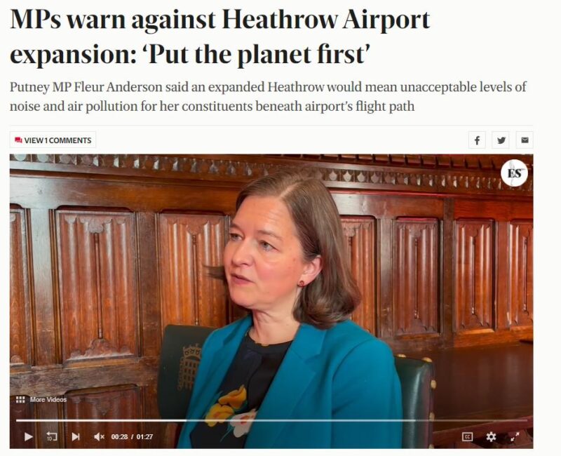 FLeur Anderson MP speaks with the Evening Standard about leading a Parliamentary debate against the expansion of Heathrow Airport. 