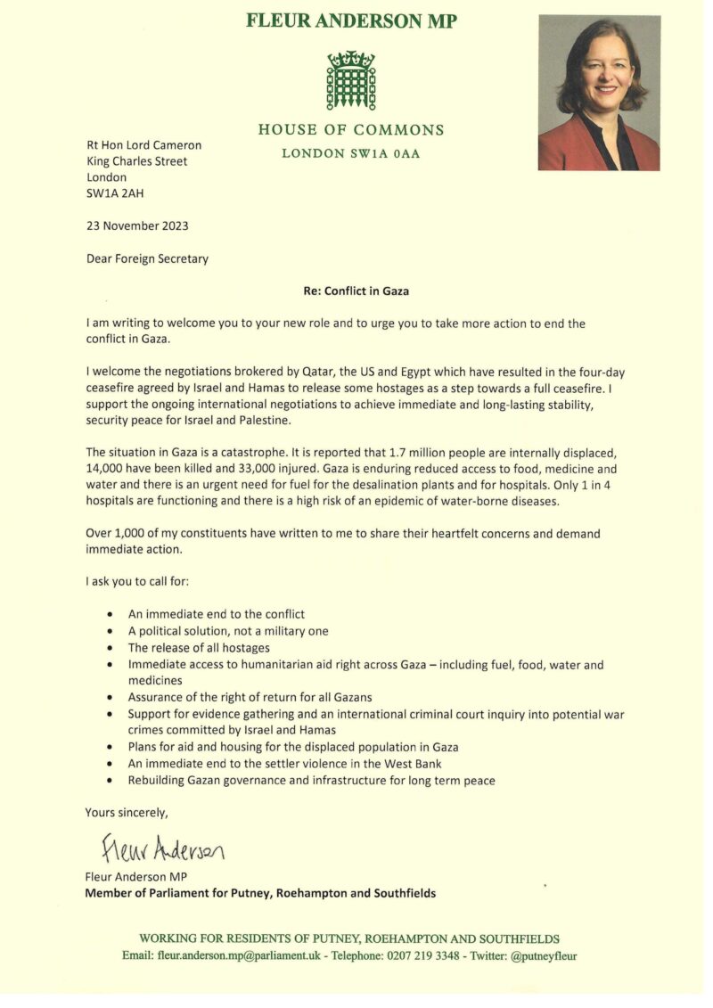 Letter to Foreign Secretary regarding Israel Palestine Conflict 