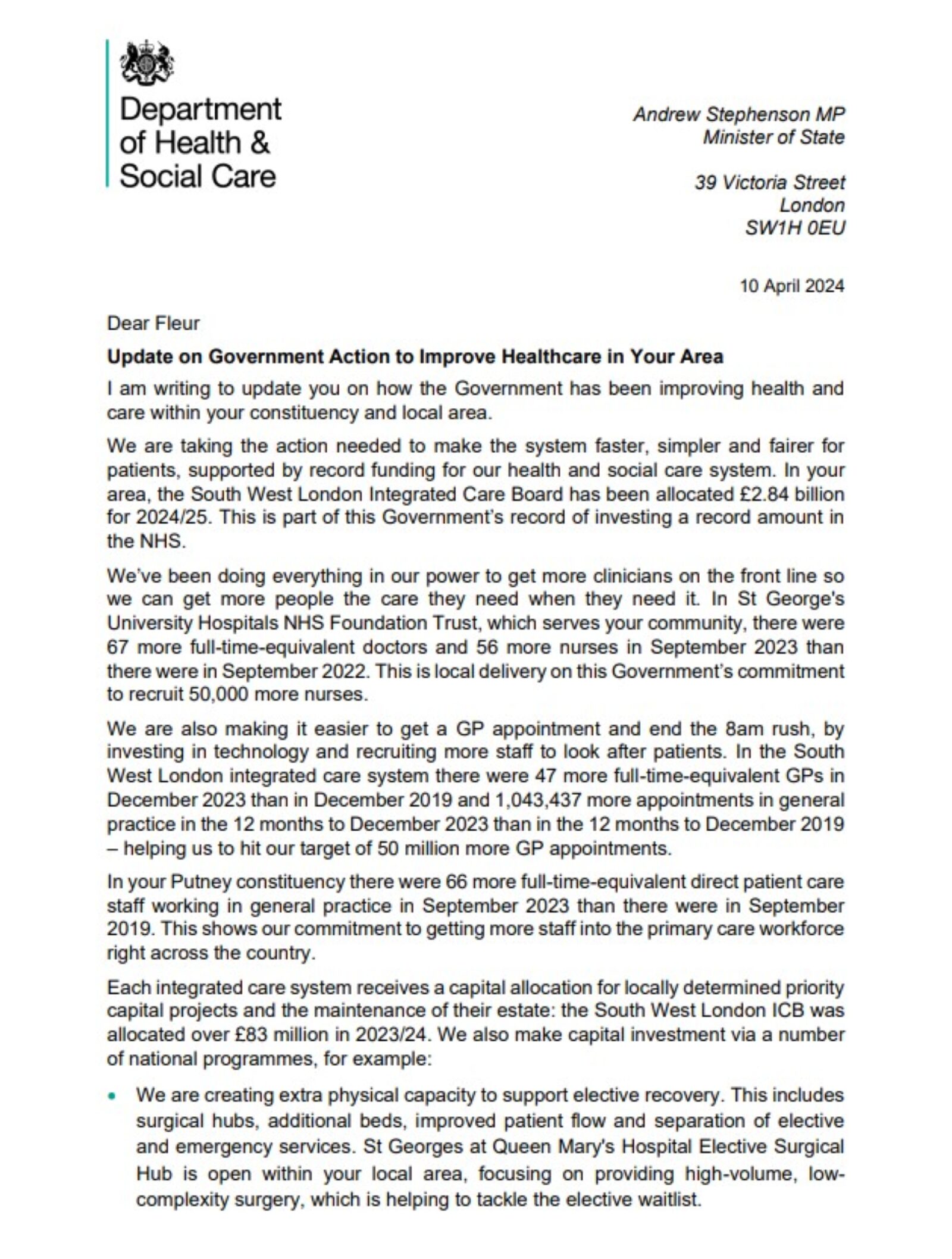 Letter from Government Minister: Update on Government action to improve healthcare in your area