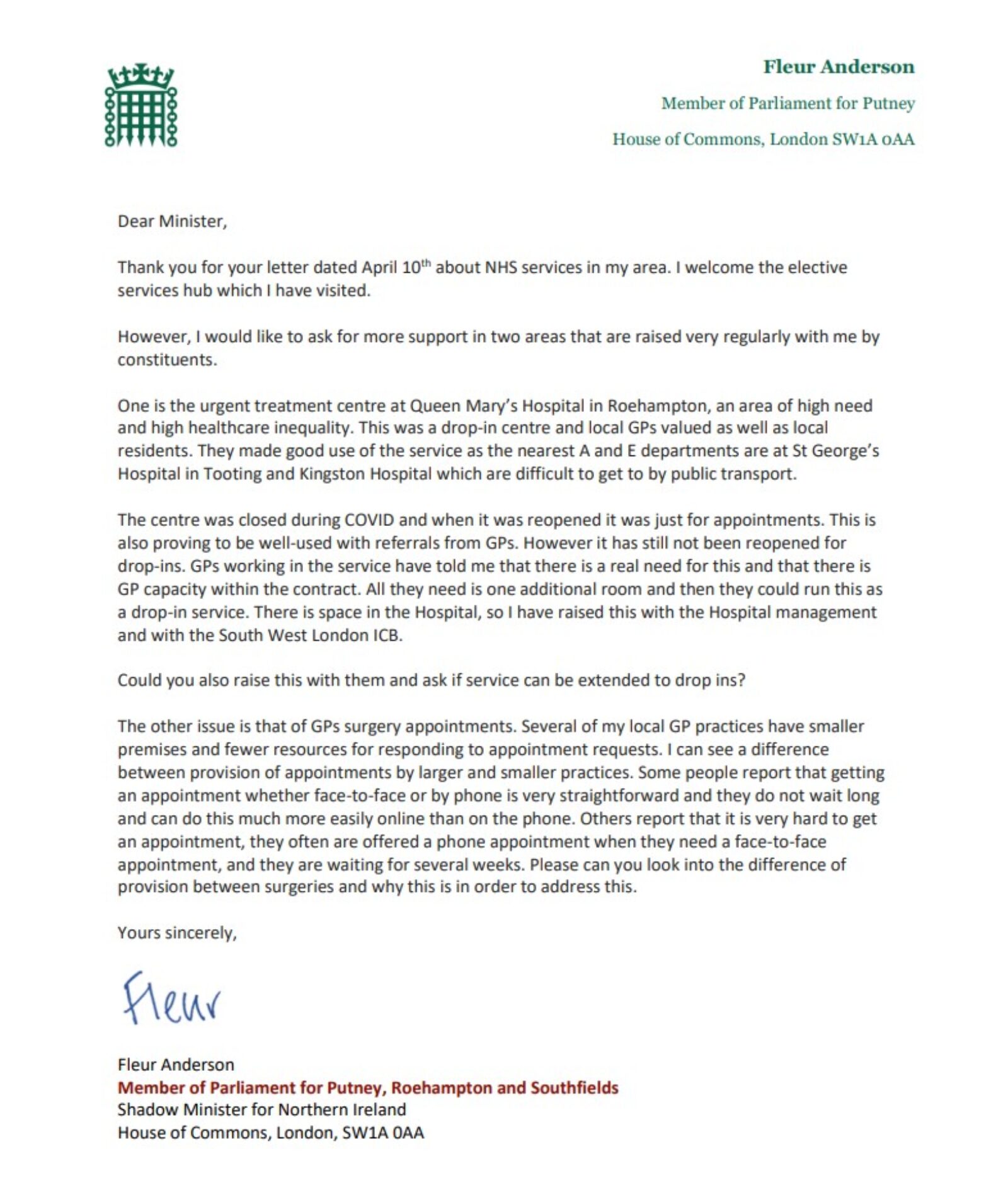 Letter to Minister on NHS services in Putney