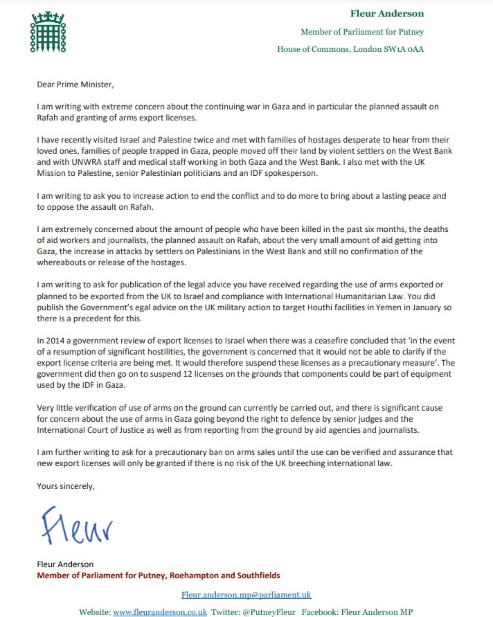 Letter to the Prime Minister on Palestine