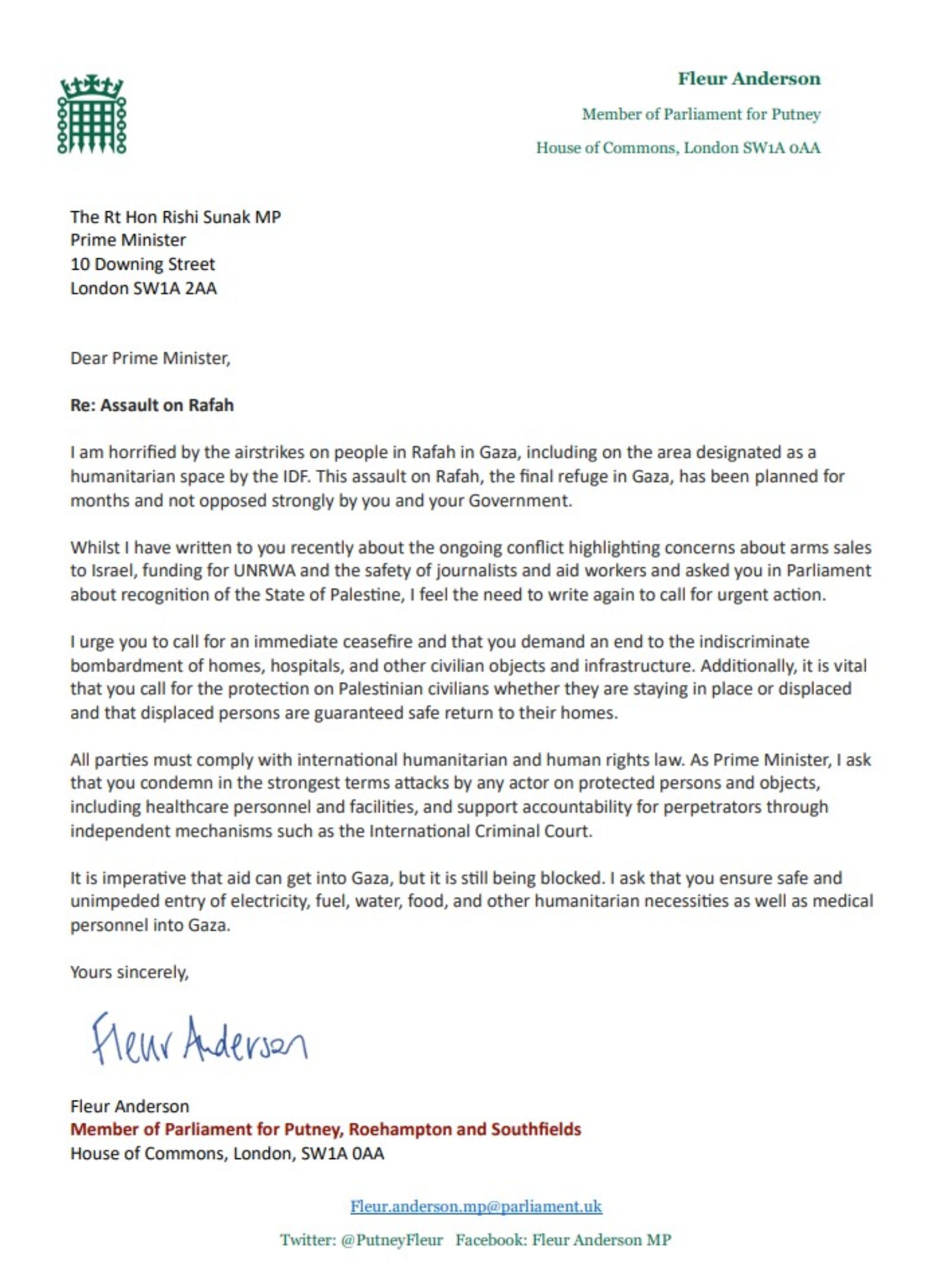 Letter to the Prime Minister on the assault on Rafah
