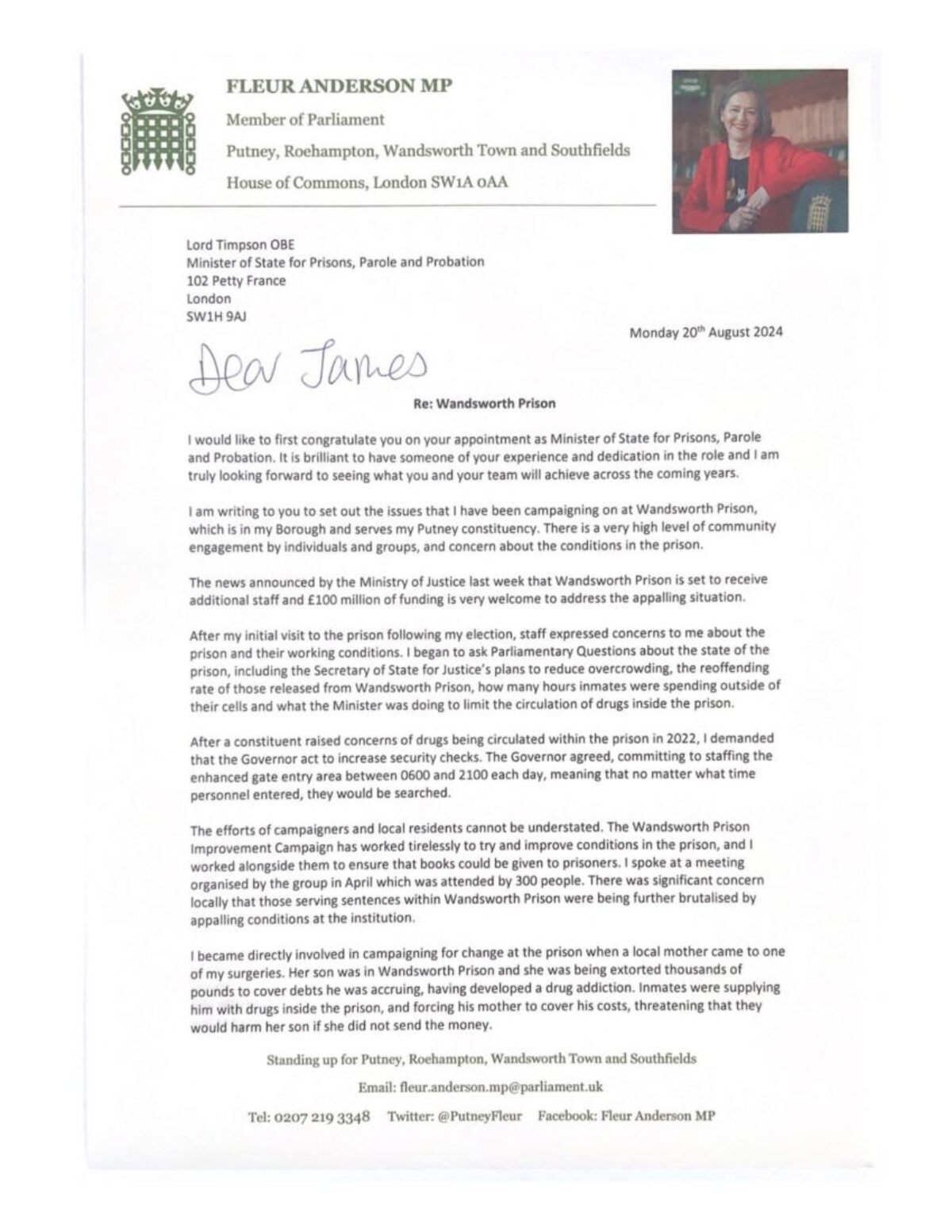 Letter to Lord Timpson OBE re Wandsworth Prison investment 