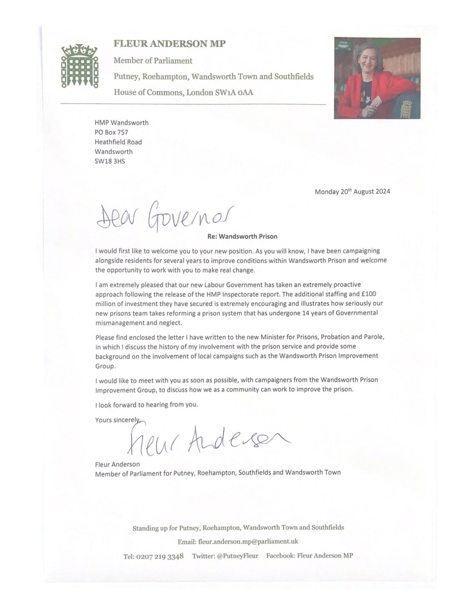 Letter to Governor HMP Wandsworth 