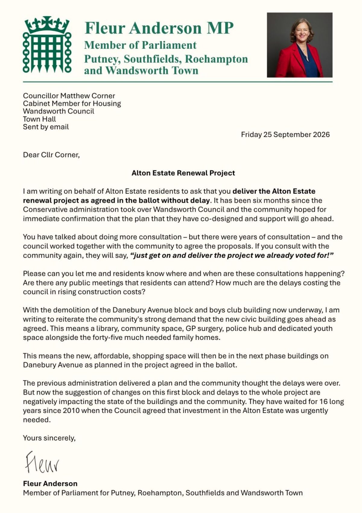 Letter to Matthew Corner, Wandsworth Cabinet Member for Housing